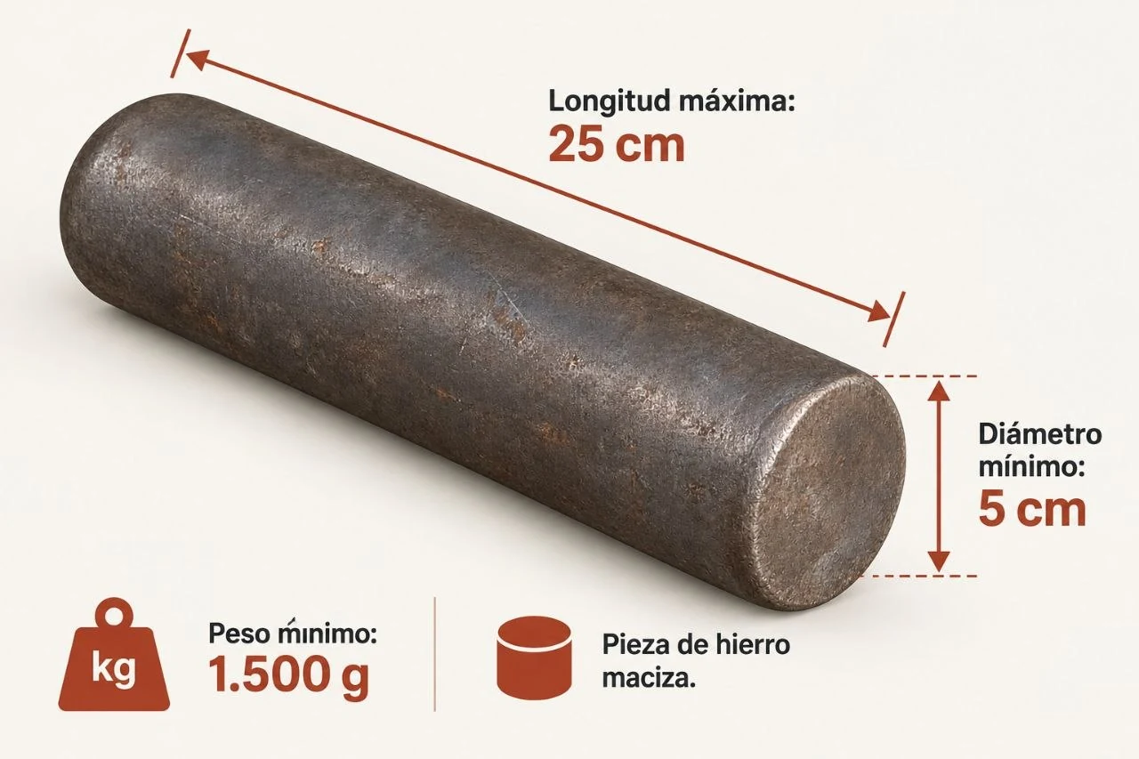Ejemplo de marro cilíndrico de hierro con longitud máxima de 25 centímetros, diámetro mínimo de 5 centímetros y peso mínimo de 1.500 gramos